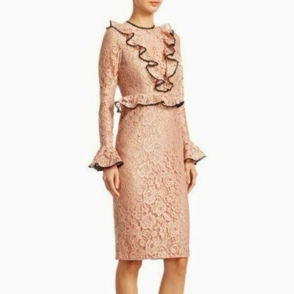 Alexis Pink Lace Dress with Ruffle Details and black trim